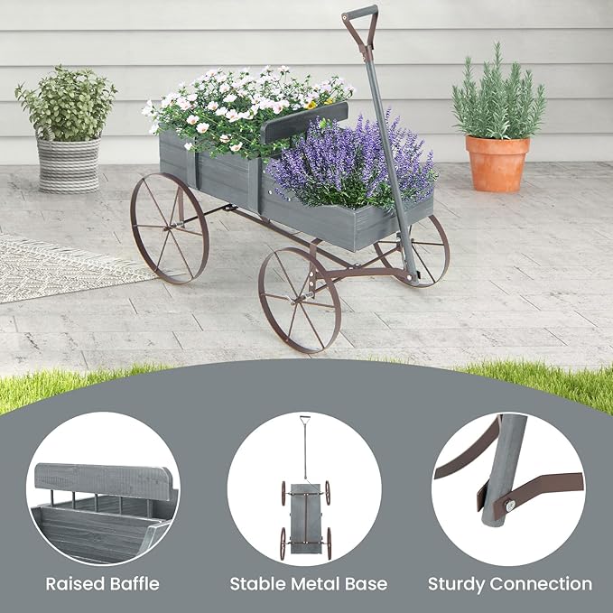 Goplus Wagon Planter, Decorative Wooden Garden Planter with Wheels, 2 Planting Sections and Adjustable Handle, Indoor Outdoor Backyard Balcony Decor (Gray)