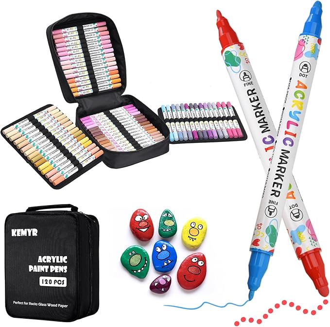 KEMYR 120 Colors Acrylic Paint Pens, Dual Tip Acrylic Paint Markers for Paper, Wood, Canvas, Stone, Rock Painting, Glass, Fabric, DIY, Ceramic, Art Supplies for Adults Drawing (Dot + Fine)