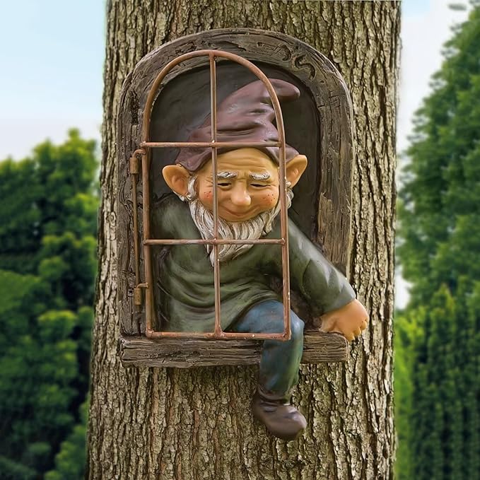 Gnome Statue Yard Decoration Outdoor Ornament, Gnone Tree Face Art Decor Outdoor Fence Peeker Decorations for Patio, Lawn, 12 Inch Elf Out of The Window Garden Decor Sculpture, Gift for Mom