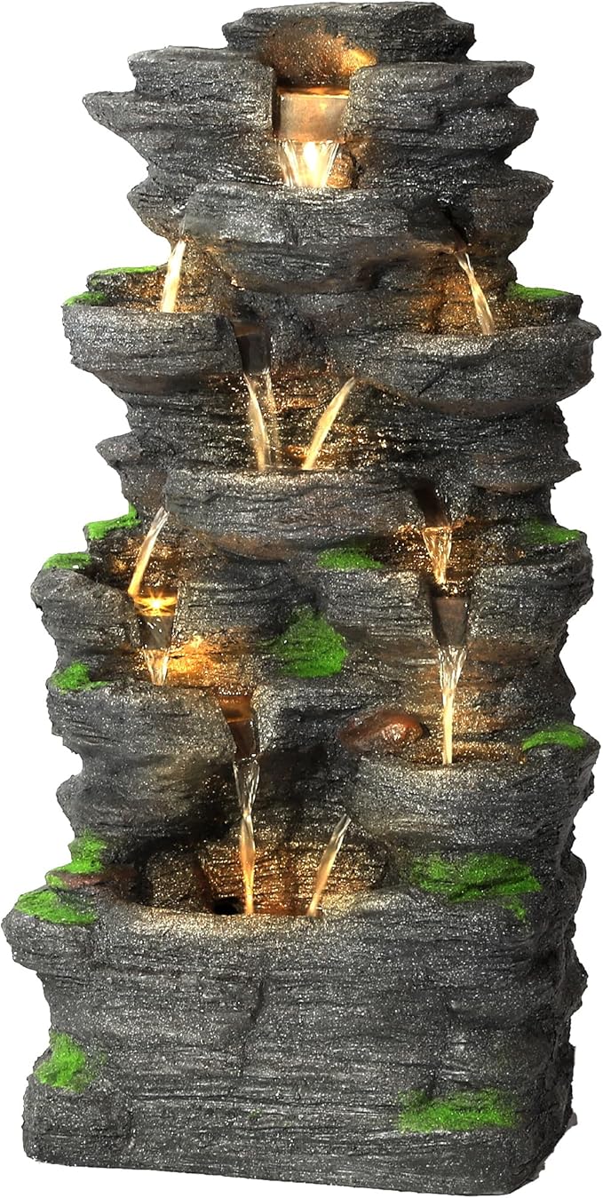 Garden Waterfall Fountain Outdoor - Water Fountains and Waterfalls, Outdoor/Indoor Floor Standing Resin Water Fountain with LED Light for Patio, Garden and Backyard, Deck, Porch, Home (40" H)