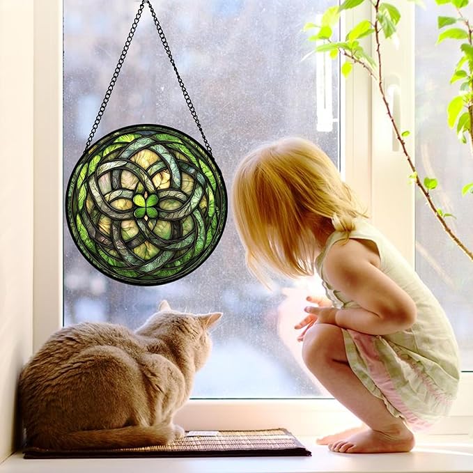 DASTOLL Stained Glass Window Hanging, Abstract Green Clover Sun Catchers Colorful Glass Panel Bless Suncatcher Decor for Birthday for Women, Men, Wife, Aunt, and Mom 9.8 in