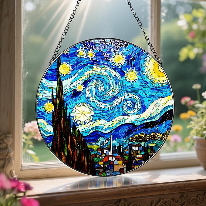 LAOWEIKI 8'' Van Gogh Starry Night Sun Catcher Ornament, Stained Glass Window Hanging, Sun Catchers for Windows Hanging Ornaments, Window Decor, Ideal Gift | Gifts for Art Lovers, Friends, Family