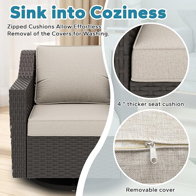 11 Pieces Patio Conversation Furniture Set - 1 Sofa, 4 Ottomans, 4 Swivel Chairs, 2 Side Tables, Outdoor Wicker Furniture with Removable Cushions for Porch, Balcony, Sunroom (Beige)