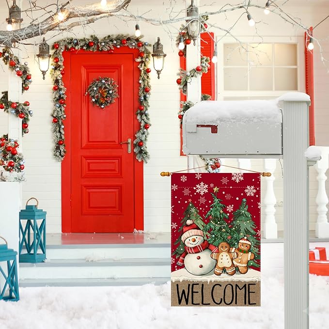 Welcome Garden Flag Winter Snowman Gingerbread Man Pine Trees Christmas Yard Flag 12x18 Inch Double Sided Small Mini Yard Outdoor Outside Xmas Holiday Party Decoration