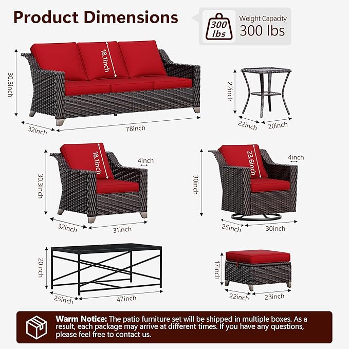6 Pieces Wicker Patio Furniture, Luxury Outdoor Furniture with 2 Patio Swivel Chair, 3-Seater Sofa, 2 Patio Ottoman and 1 Side Table, Wide Armrest, Thickened Cushions
