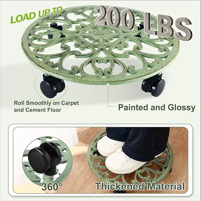 3 Packs 14 Inch Rolling Plant Stand with Wheels Metal Plant Caddy with Wheels Heavy Duty Round Plant Stand Indoor Iron Plants Rollers for Plants, Plant Dolly Retro Green