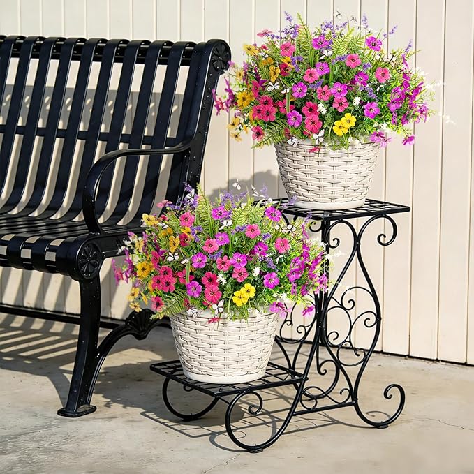 Artificial Fake Flowers for Outdoor Porch Planters Boxes Decoration,12 Bundles Outdoor Faux Fern Plants with Butterfly,UV Resistant Greenery Yard Patio Garden Decor
