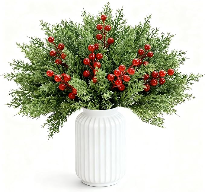 50 Pcs Christmas Artificial Pine Branches with Red Berry Stems - 10.5" Faux Greenery Norfolk Pine Fake Cedar Pine Needles Picks for Wreaths Craft DIY Garlands Home Decor