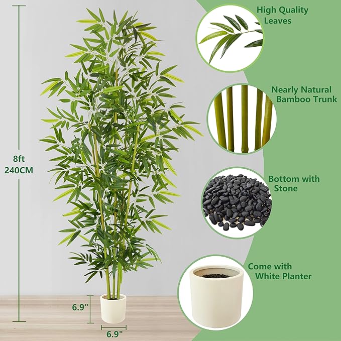 8ft Artificial Bamboo Tree, 96” Tall Large Fake Bamboo Plant with White Planter, Faux Trees for Indoor Outdoor Home Garden Entryway Office Décor