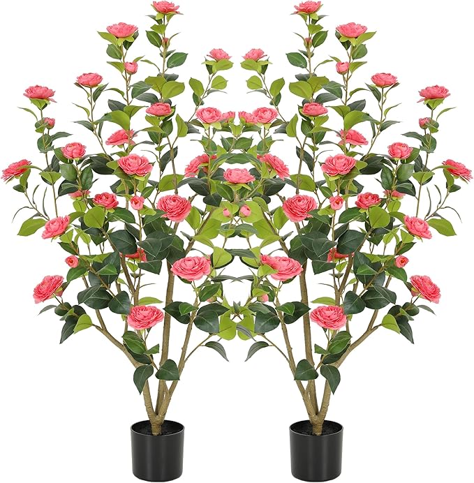 Nafresh 4FT Lush Artificial Pink Camellia Tree Outdoor 2 Pack, 48inch Faux Camellia Plant, Fake Camellia Flowers Tree for Indoor Outdoor Living Room Home Patio Front Door Garden Decor