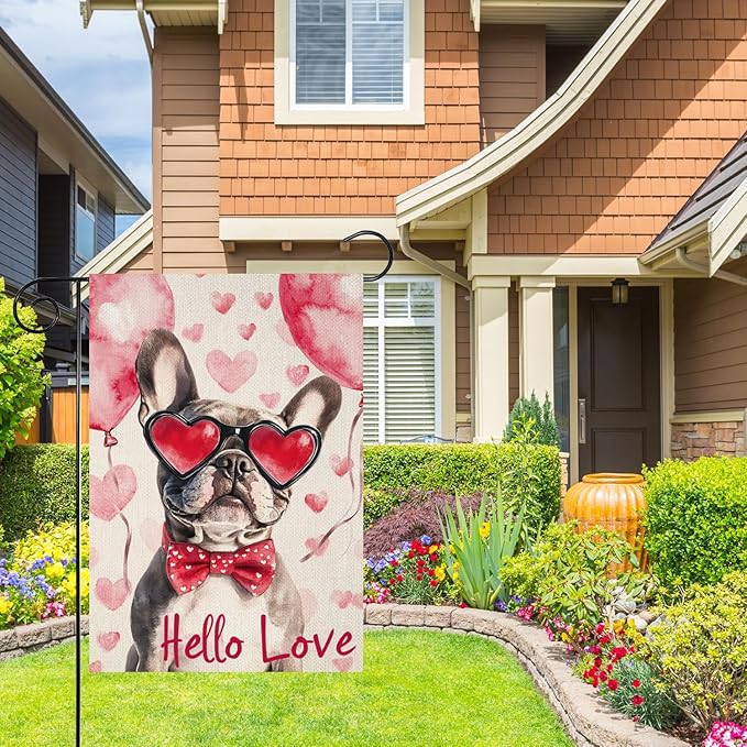 Valentine's Day French Bulldog Hello Love Garden Flag, House Yard Plaid Love Heart Outside Decoration, Spring Holiday Wedding Anniversary Outdoor Small Decor 12x18(12625)