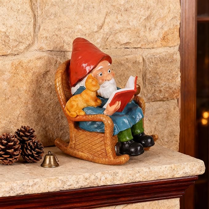 Cat Garden Gnome Statue,Resin Gnome Figurine Reading Book Sculpture, Hand Painted Outdoor Decoration for Patio, Lawn, Yard, or Porch, Whimsical Garden Ornament Gift