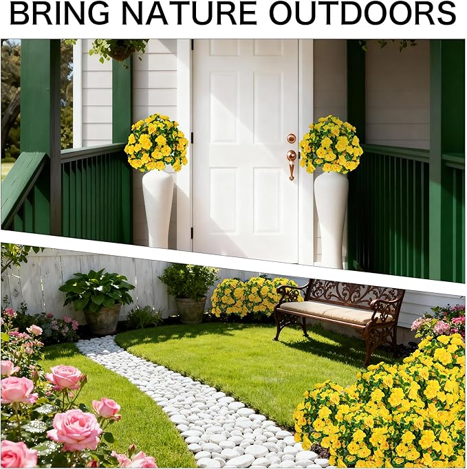 AZXVT Artificial Flowers for Outdoors, Faux Outdoor Plants Fake Plants Topiary Balls Artificial Outdoor Set of 2 with Ground Spike for Home Front Porch Patio Garden Decor (Yellow)