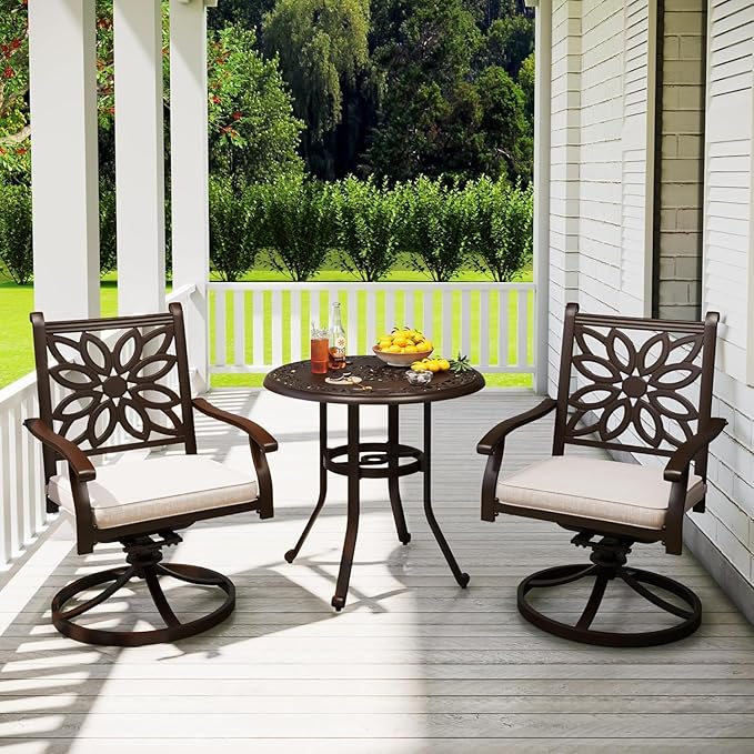 PHI VILLA Cast Aluminum Outdoor Patio Swivel Dining Chairs, Extra Wide Armrest Chairs with Seat Cushion, Casting Aluminum Back for All Weather, Set of 2