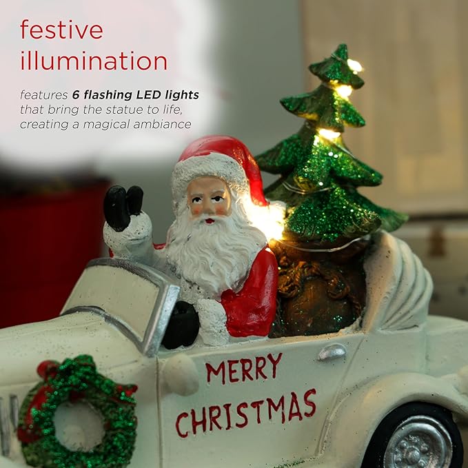 Alpine Corporation 7" Tall Merry Christmas Santa in Vintage White Car Statue with LED Lights, Holiday Decoration for Tabletop, Shelf, Mantel, or Entryway Display