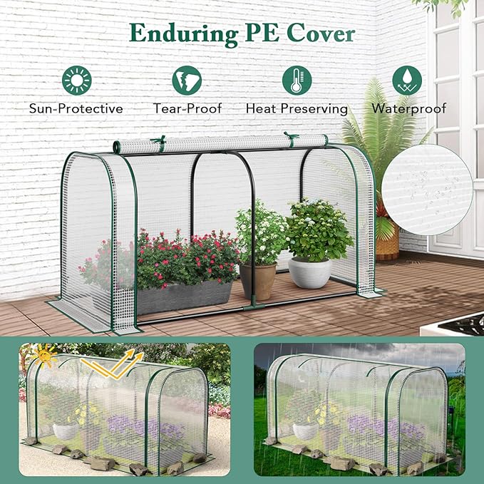 Toolsempire Raised Garden Bed with Greenhouse, Waterproof Sun-Protective Green House with Roll-Up Door & Electroplated Metal Frame, Fir Wood Elevated Planter Box with Drainage Holes(White+Gray)