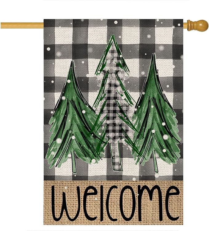 Welcome Christmas Trees Garden Flag 28 x 40 Inch Vertical Double Sided Buffalo Plaid Winter Holiday Yard Outside Xmas Décor