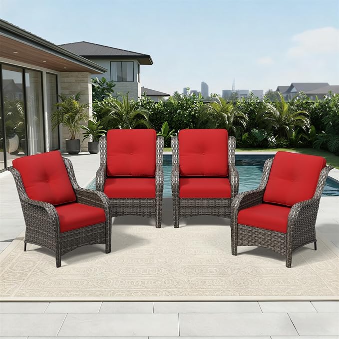 Joyside 4 Piece Wicker Patio Furniture Set, Rattan Patio Chairs with High Back, Deep Seating, Wide Armrest, Thickened Cushions, Outdoor Furniture for Deck, Porch Use