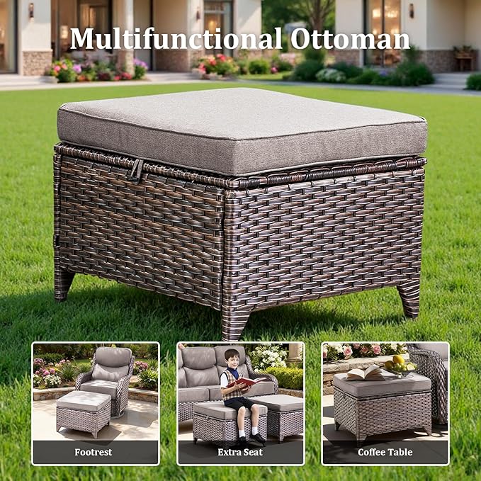 Luxury Patio Furniture Set with 42.5" Fire Pit Table, 8 Pieces High Back All Weather Wicker Outdoor Furniture w/ 6-Inch Thick Cushions, Patio Swivel Chairs Couch for Deck Balcony Backyard Brown/Grey