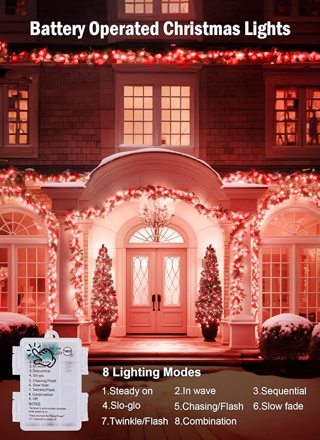 Minetom Christmas String Lights Battery Operated, 2 Pack Total 33FT 100 LED Battery Powered Fairy Lights with Timer, 8 Modes, Waterproof String Lights for Outside Indoor Bedroom Tree, Red & Pure White