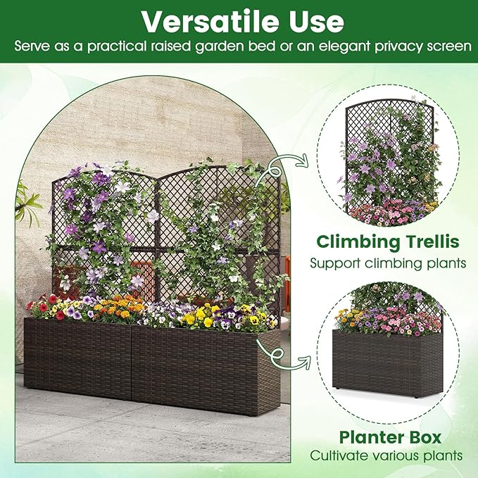 HAPPYGRILL Raised Garden Bed with Trellis, Wicker Planter Box w/Privacy Screen, Liner, Drainage, Outdoor PE Rattan Elevated Garden Bed for Climbing Plant Vine Flower (1, Brown, 29" x 11" x 49")