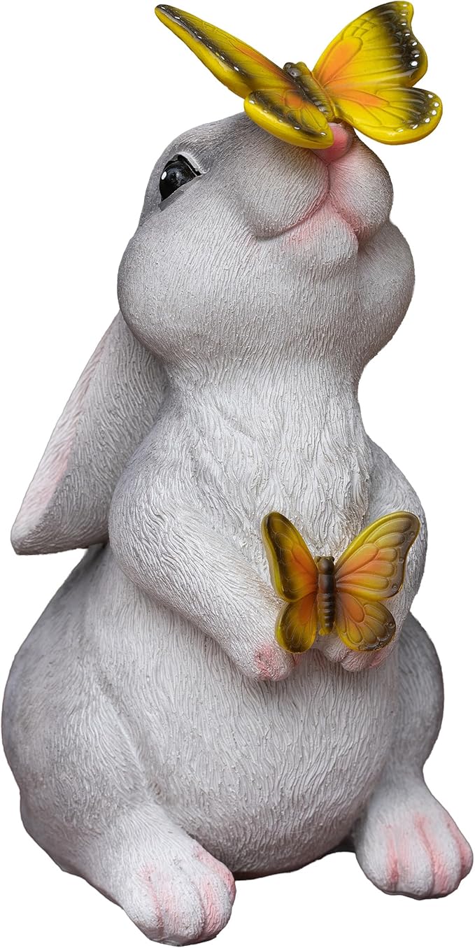 Solar Garden Statues Rabbit with 2 Solar Butterfly Lights, Cute Waterproof Resin Outdoor Decorations for Patio Yard Lawn, Gifts for Housewarming