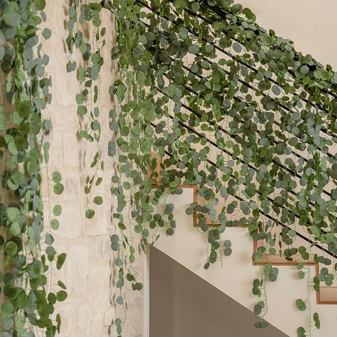 CQURE 24 Pack Eucalyptus Garland, Artificial Greenery Garland Faux Eucalyptus Leaves Table Vines for Wedding Backdrop Fireplace Arch Door Wall Room Decor（168FT）