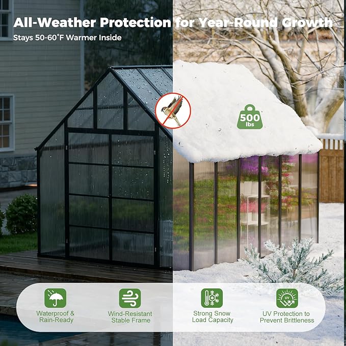 WACASA 12x10x10 FT Greenhouse for Outdoors, Easy Assembly Aluminum Frame Polycarbonate Greenhouse Kit with 2 Vent Windows, Swing Door, Walk-in Sunroom for Backyard Garden