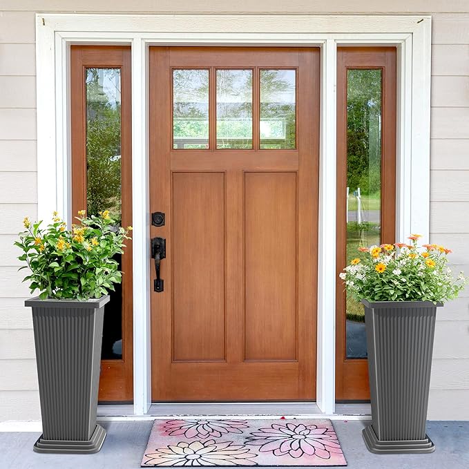 TUYOHW 24 Inch Tall Tapered Square Planters (Set of 2) - Indoor Outdoor Large Flower Pots with Built-in Drainage & Matching Water Tray for Patio, Garden, Home - Gray