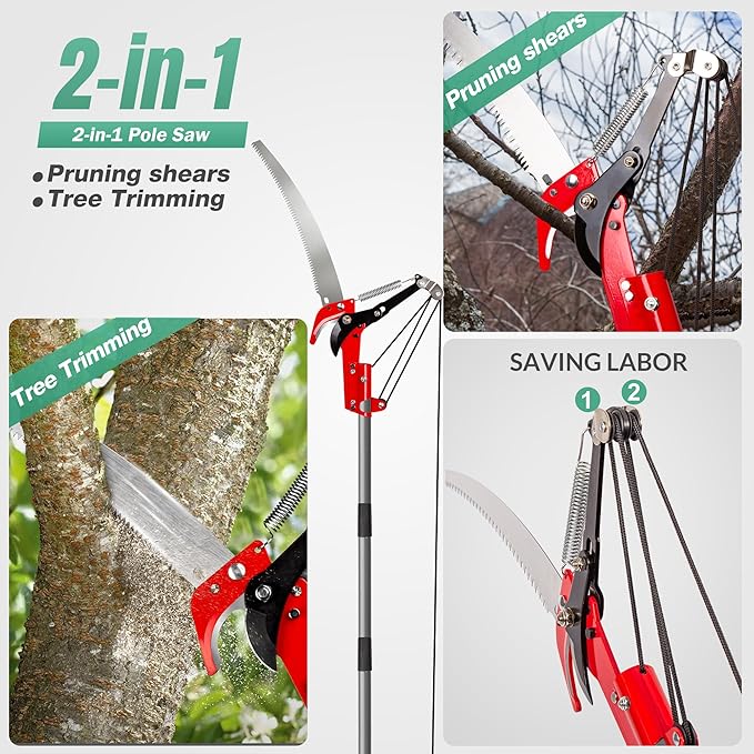 Suchtale 10FT Pole Saw for Tree Trimming, Manual Tree Pruner with Steel Saw Blade & Scissors, Long Handle Branch Cutter Pole, Extendable Limb Trimmer for High Branches, Yard Garden Pruning Tool