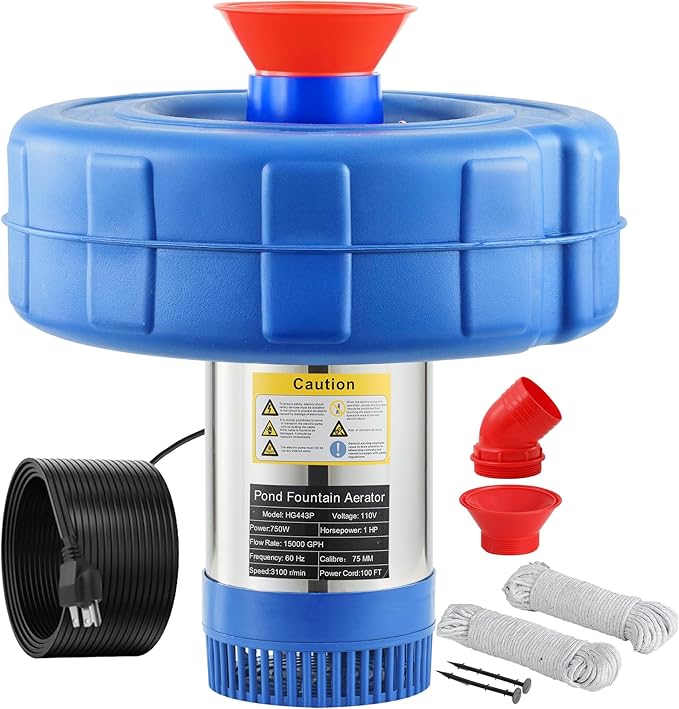 Stainless Steel Pond Fountain Aerator, 15000 GPH Fountain Pump, 750W (1HP) Pond Pump with 100 ft Power Cord and Two 30 ft Tie-Down Ropes, Pond Aerator for Outdoor Ponds and Lakes