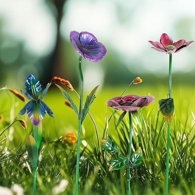 Voltogar 28.5" H Large Flower Stake Metal Decoration for Garden Set of 4, Plant Pick Art Ornaments Waterproof Stake for Lawn Porch Pathway Patio Flower Bed, Yard Outdoor Ornaments(Red & Purple & Blue)