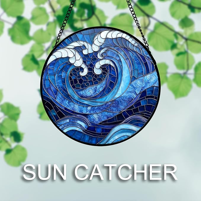DASTOLL Stained Glass Window Hanging 4 Pcs Set Blue Ocean Waves Large 11.8" - Starfish Crab Seal Suncatcher Door Garden Sun Catcher Decor Birthday for Mom Woman Nana Men Friend