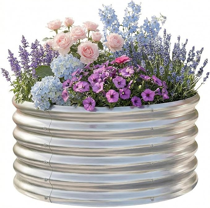 AHEONLAR 2x2x0.97ft Round Galvanized Raised Metal Garden Bed Kits, Large Metal Planter Outdoor for Vegetables, Fruits, Flowers and Herbs, Silver