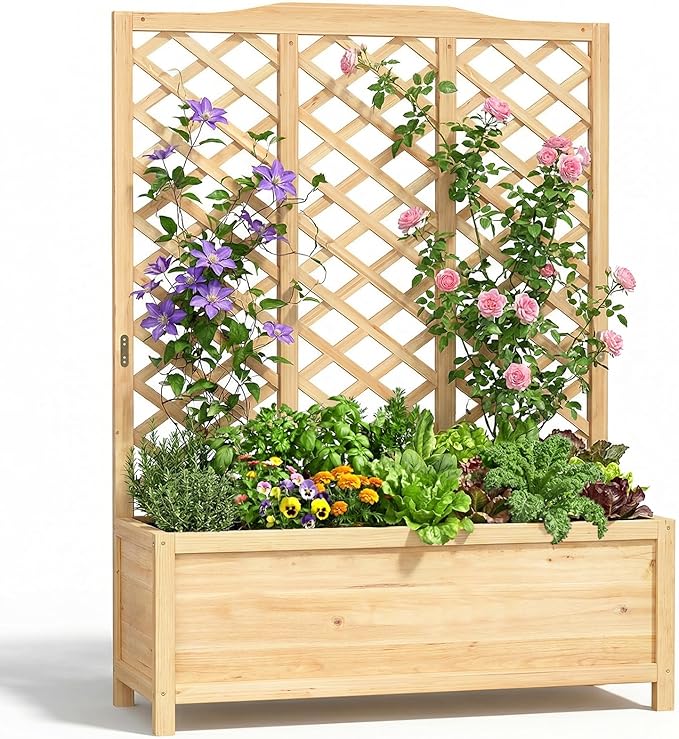 Wooden Raised Garden Bed with Trellis, Freestanding Planter Box with Drainage for Vines Climbing Plants Flowers Herbs, Elevated Gardening Planter for Backyard Balcony Patio