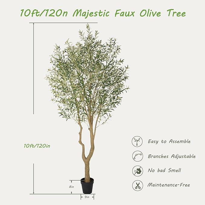 Nafresh Majestic Faux Olive Tree 10ft – Artificial Olive Tree Indoor & Outdoor with Lifelike Leaves & Textured Branches for Living Room, Office, Entryway,Patio