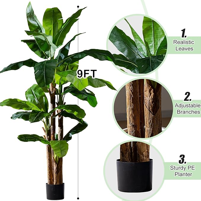 Artificial Banana Tree 9ft, Faux Tropical Palm Tree Plant with Realistic Leaves, Low Maintenance Indoor Outdoor Decor for Home Office Porch, in Nursery Pot