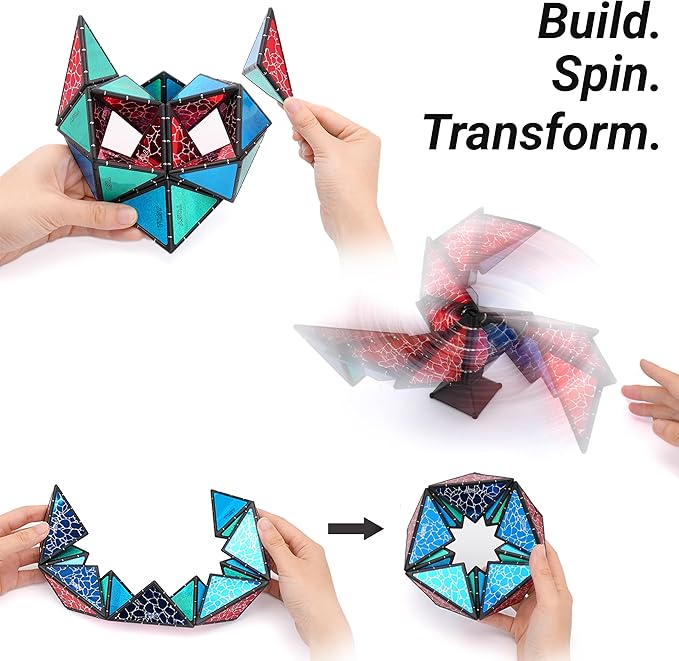 TOSY Magnet Pyramid Stone - 1 Cube Transforms into 1 Billion Shapes, 14 pcs (12 Puzzle pcs and 2 Spinners), 243 Magnets, Christmas Stocking Stuffers Gift for Kids, Creative Puzzle STEM Toy, 4-Pack