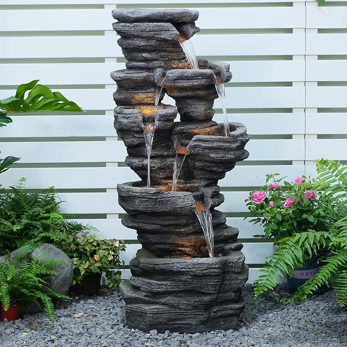 42.5" H Garden Outdoor Water Fountain with LED Lights & Pump, Mutiply-Tier Cascading Outdoor Fountain Suitable for Garden/Patio/Yard/Deck/Balcony and Home Art Decor（Resin）