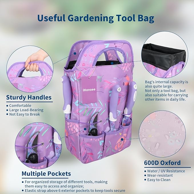 iHansee Purple Garden Tool Sets 10-Piece, Aluminum Alloy Steel Hand Tools w/Non-Slip Ergonomic Handle, Floral Print Garden Supplies Organizer Handbag, Cute Gardening Tools Gift for Women Grandmother