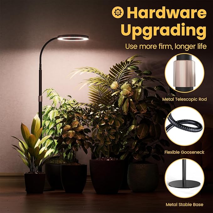 bseah Grow Light Plant Light for Indoor Plants, Full Spectrum Grow Lamp with Pedestal Stand, Automatic Timer for 3H/9H/12H, 10 Dimmable Levels, Height Adjustable 51-67in Black
