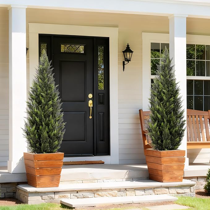 ZEEOZE 4FT Artificial Cedar Topiary Trees (1 Pack) - UV Resistant Faux Evergreen Shrubs Extra Dense Foliage Realistic Fake Pine Cypress Plants Easy Assembly for Front Porch Garden Indoor Office Decor