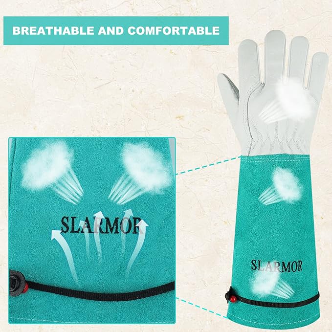 SLARMOR Long Gardening-Gloves Women/Men - Thorn proof Rose Pruning Heavy Duty Gauntlet, Best Garden Gifts for Gardener (Medium, Green)