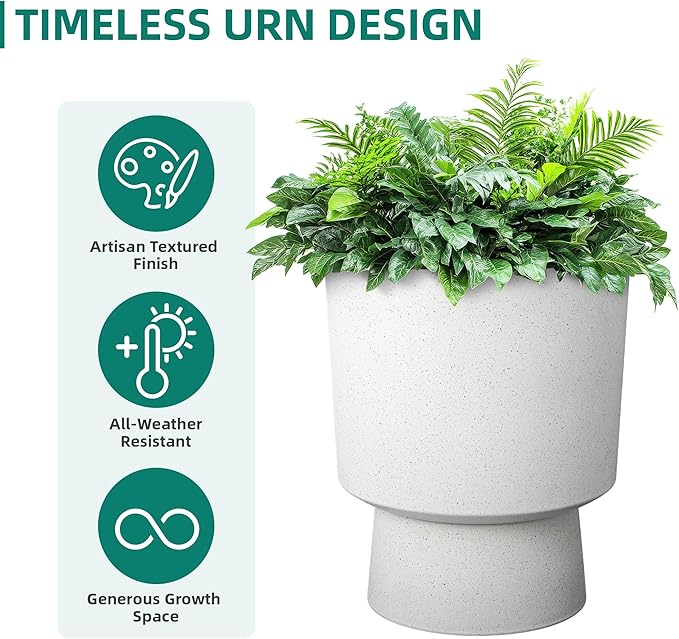 Ultym 16.75"H Urn-Style Tall Planters, 2-Pack Modern Large Flower Pots for Outdoor Indoor, 2-in-1 Design Plant Containers for Garden Patio Yard Balcony Porch or Home Decor, White Terrazzo, UV-Protect