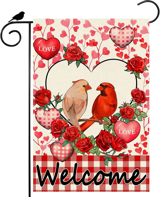 Welcome Valentine’s Day Cardinal Buffalo Love Heart Balloons Garden Flag Romantic Roses Yard Flag 12x18 Inch Double Sided Small Mini Yard Outdoor Outside Holiday Decoration