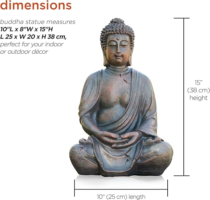 Alpine Corporation 15" Tall Indoor/Outdoor Meditating Buddha Statue, Tabletop Garden Decor, Bronze