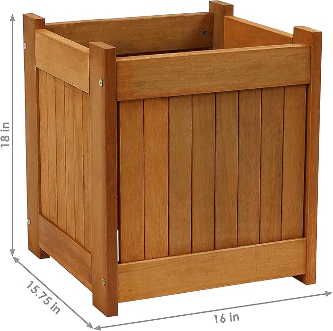 Sunnydaze 16-Inch Meranti Wood Planter Boxes for Outdoor Plants - Square Large Planter Boxes with Teak Oil Finish - Set of 2