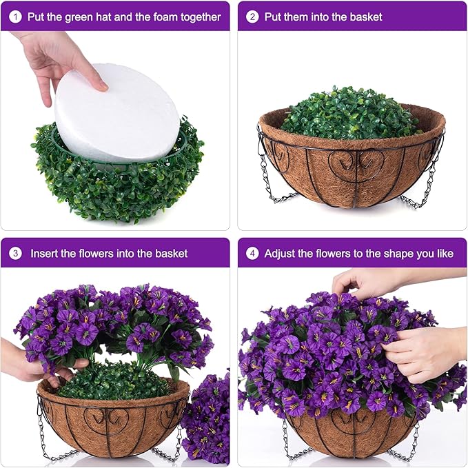 Artificial Fake Hanging Flowers Plants Basket for Outdoor Spring Summer Decoration, Faux Silk Flowers Outside Look Real Morning Glory UV Resistant for Porch Patio Balcony Garden Yard Home Purple