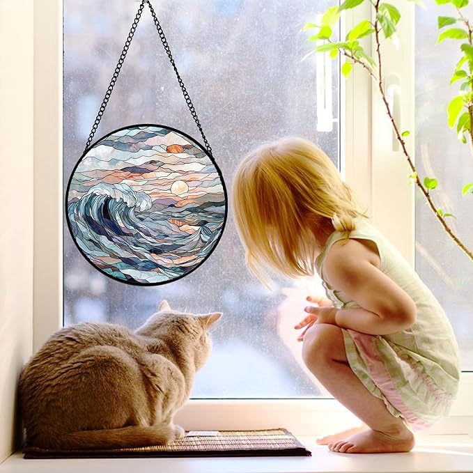 DASTOLL Stained Glass Window Hanging, Sunrise Waves Sun Catchers Diamond Glass Panel Hangings Abstract Suncatcher Decor for Birthday for Women, Men, Wife, Aunt, and Mom 9.8 in