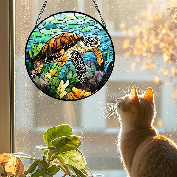 HWRHTR Stained Glass Window Hanging - Cute Sea Turtle Suncatcher for Door Garden Yard Blue Ocean Sun Catchers Decor Christmas Mother's Day Birthday Children's Gifts for Women Mom Nana Friend 7.8 in